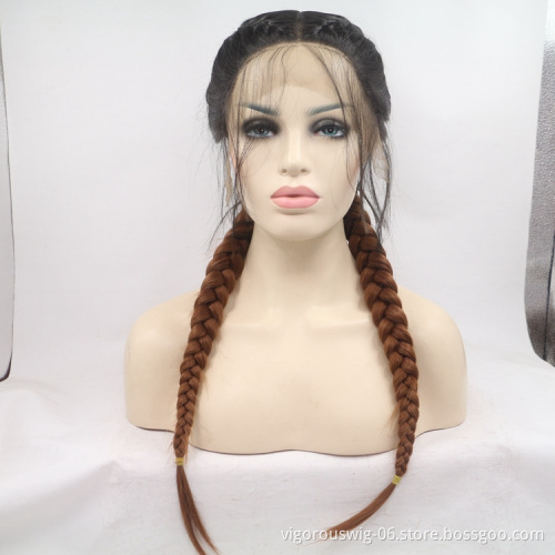 Long straight ombre black blonde cheap wholesale high quailty heat resistant synthetic jumbo braided wig with lace front
